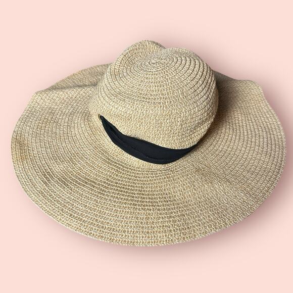 Loft Straw Floppy Hat Black Ribbon Sun Hat Beachy Wide Brim - Picture 2 of 3